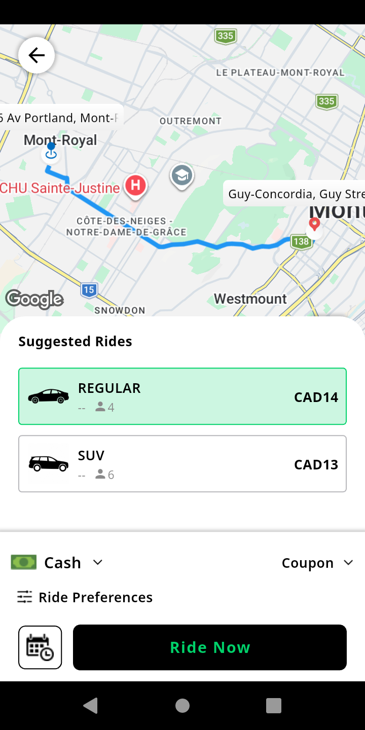 Hayya rider ride options screen